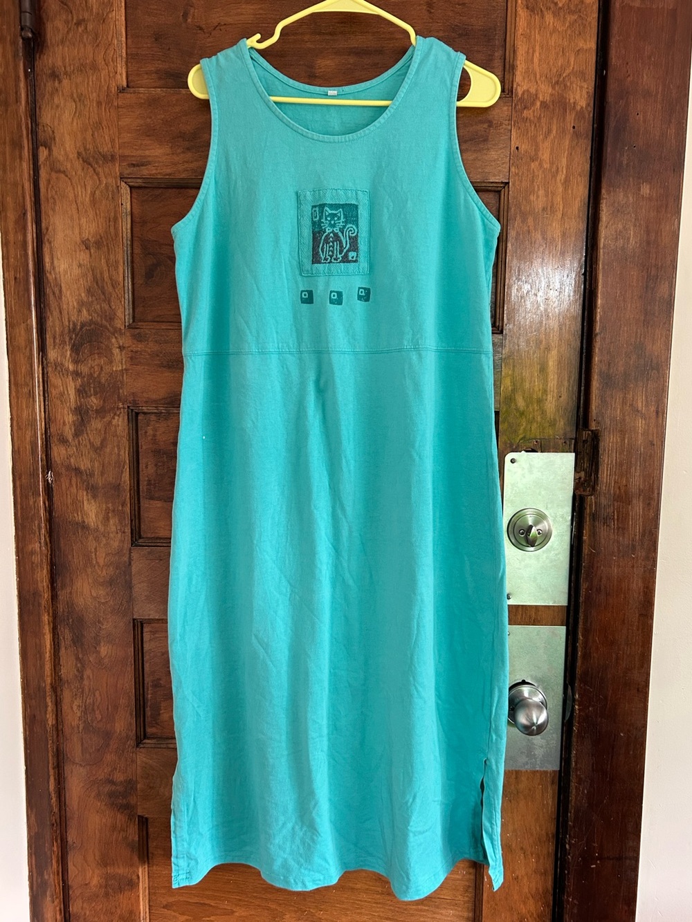 Vintage Sleeveless Teal Cotton Midi Dress with Cat Motif